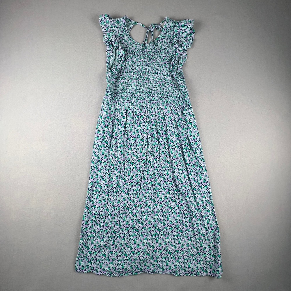 A New Day Midi Dress Womens Small Green Purple Floral Smocked Ruffle Boho Casual